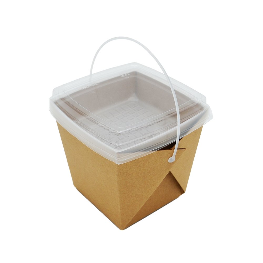 A brown and white paper noodle box with a clear plastic compartment on top, featuring a white handle.