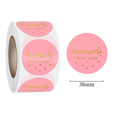 Pink & Heart Label Stickers Roll 'Handmade With Love' - TEM IMPORTS™