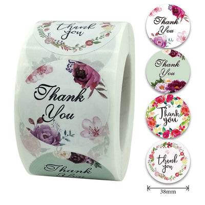 White Seal Label Stickers Roll Floral 2 'Thank You' - TEM IMPORTS™